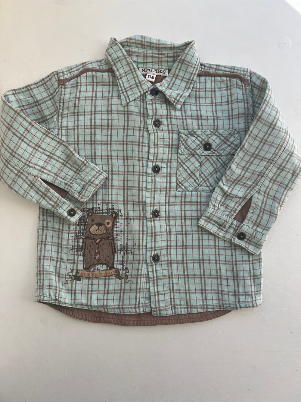 Kids Mint Plaid Button-Down Shirt with Bear Patch